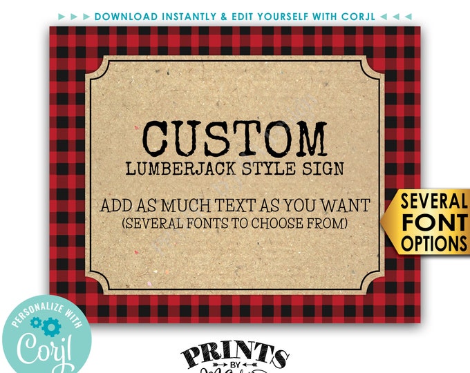 Custom Lumberjack Sign, Choose Your Text, Red Checker Buffalo Plaid Custom PRINTABLE 8x10/16x20” Landscape Sign <Edit Yourself with Corjl>