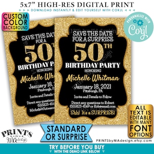 May include: A 13x18 cm digital invitation template for a 50th birthday party featuring a black centre with gold glitter borders. The text reads Save the Date for a Surprise 50th Birthday Party honouring Michelle Whitman on January 18, 2021.