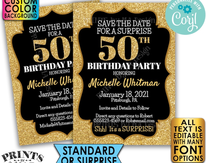 Gold Glitter Birthday Party Save the Date, Surprise or Standard Invite, Custom PRINTABLE 5x7" Digital File <Edit Yourself with Corjl>