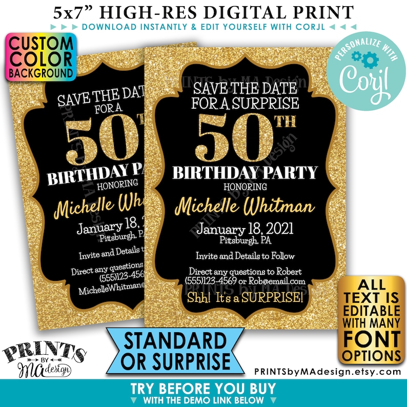 May include: A 13x18 cm digital invitation template for a 50th birthday party featuring a black centre with gold glitter borders. The text reads Save the Date for a Surprise 50th Birthday Party honouring Michelle Whitman on January 18, 2021.