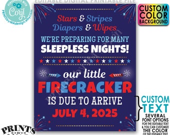 4th of July Pregnancy Announcement, Stars Stripes Diapers Wipes Sleepless Nights, Custom PRINTABLE Baby Reveal Sign <Edit Yourself w/Corjl>