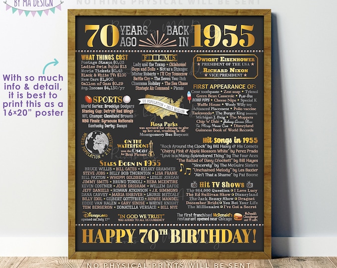 Back in the Year 1955 Birthday Sign, 70th Birthday Poster Board, Flashback 70 Years Ago B-day Gift, PRINTABLE 16x20” Born in 1955 Sign <ID>