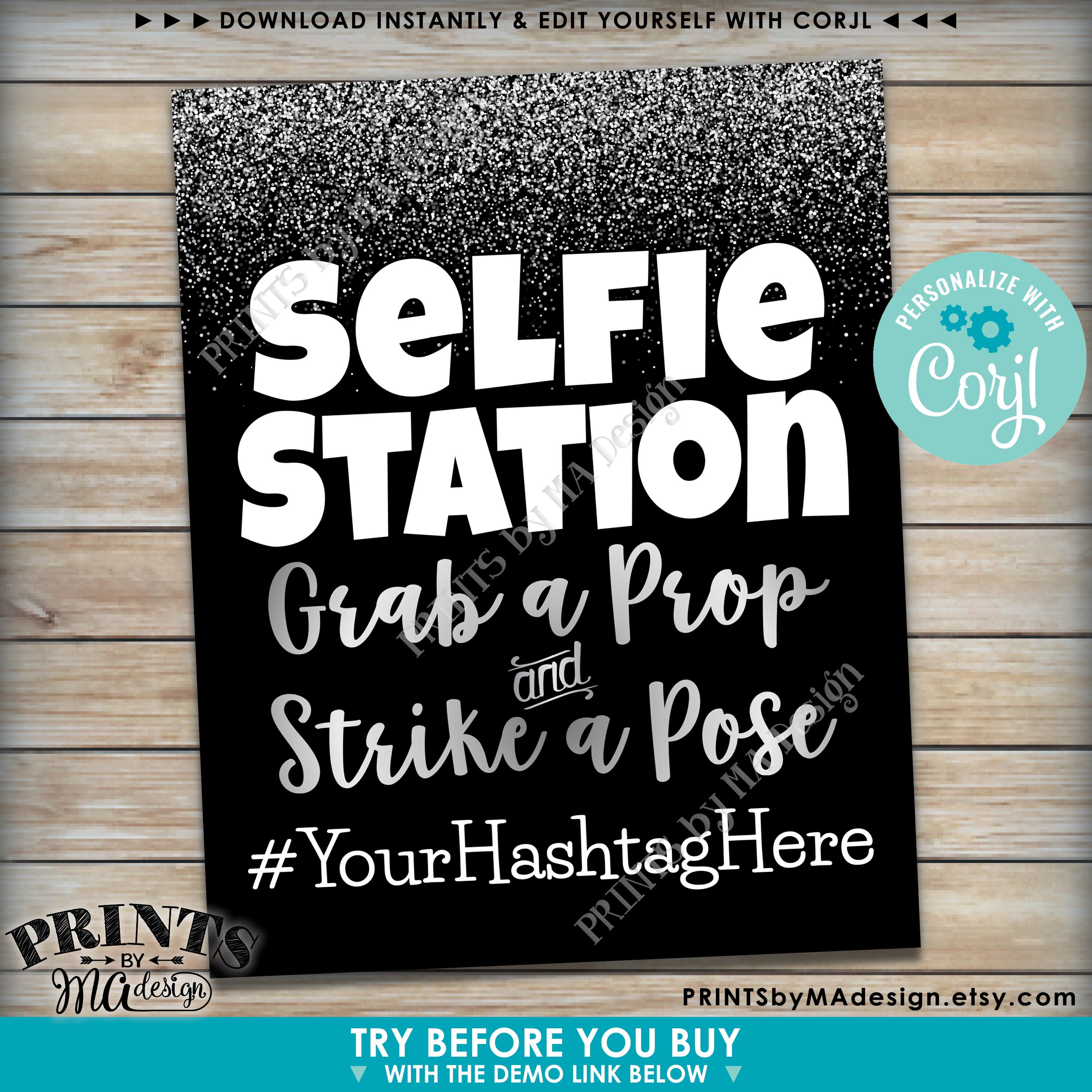 Selfie Station Sign, Grab a Prop &amp; Strike a Pose, Custom Line of Text, Black/Silver PRINTABLE ...