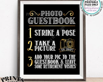 Retirement Photo Guestbook Sign, Add Your Picture to the Guest Book and Leave Retirement Wishes, Black & Gold PRINTABLE 8x10” Sign <ID>