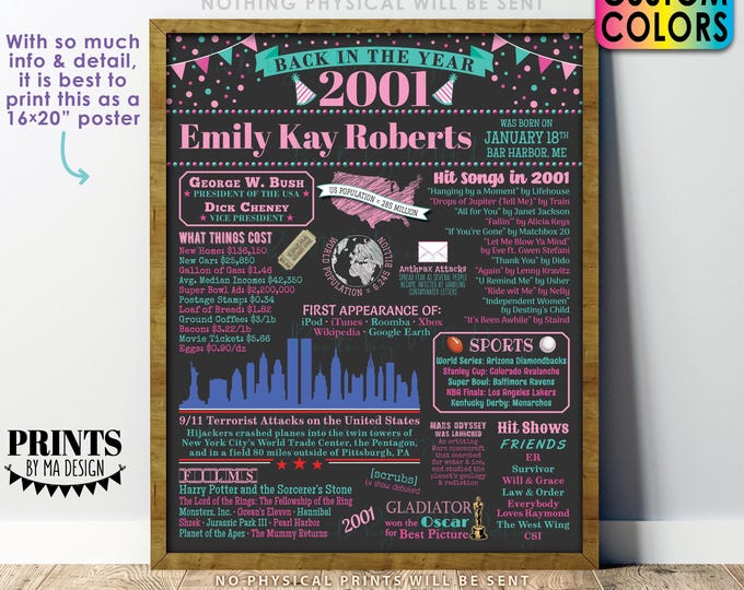 Back in the Year 2001 Birthday Sign, Flashback to 2001 Poster Board, 2001 Birthday Gift, Custom PRINTABLE 16x20” B-day Decoration