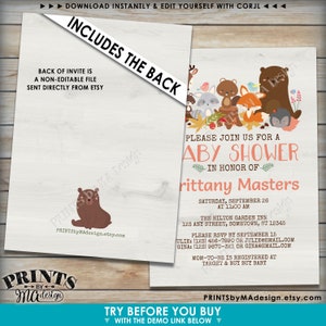 May include: A woodland-themed baby shower invitation with a cute illustration of forest animals, including a bear, fox, raccoon, owl, and squirrel. The invitation features the text "Please join us for a Baby Shower in honor of Brittany Masters" and includes the date, time, and location of the event. The text "PRINTSbyMAdesign.etsy.com" is also included.