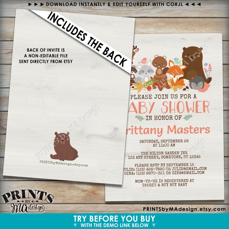 May include: A woodland-themed baby shower invitation with a cute illustration of forest animals, including a bear, fox, raccoon, owl, and squirrel. The invitation features the text "Please join us for a Baby Shower in honor of Brittany Masters" and includes the date, time, and location of the event. The text "PRINTSbyMAdesign.etsy.com" is also included.