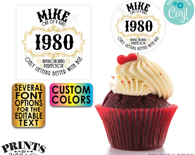 Vintage Birthday Better with Age Cupcake Toppers, Custom Name Year Colors, PRINTABLE 8.5x11" Digital File, 2" Cards <Edit Yourself w/Corjl>