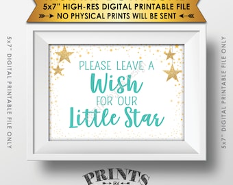 Well Wishes for Baby Shower Sign, Share a Wish Green Text Baby Shower Decor Gold Glitter Twinkle Stars, PRINTABLE 5x7” Sign <ID>