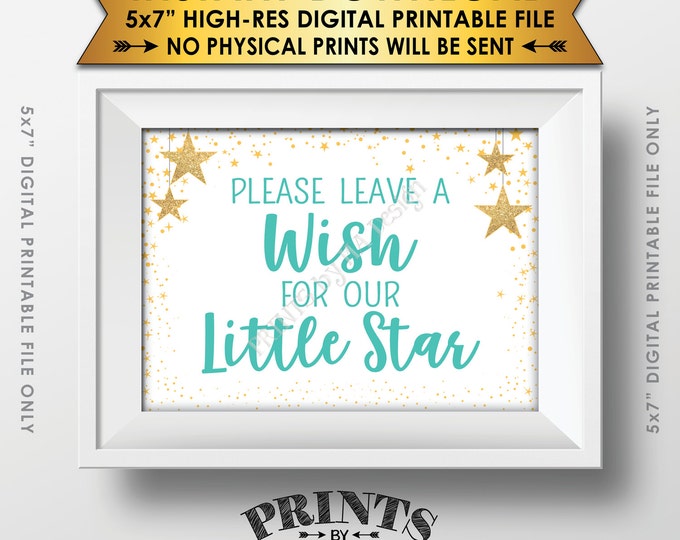 Well Wishes for Baby Shower Sign, Share a Wish Green Text Baby Shower Decor Gold Glitter Twinkle Stars, Instant Download 5x7” Printable Sign