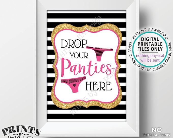 Drop Panties Here Game, Bridal Shower Panty Game, Guess the Panties Bachelorette Idea, Black Pink Gold, PRINTABLE 5x7" Portrait Sign <ID>