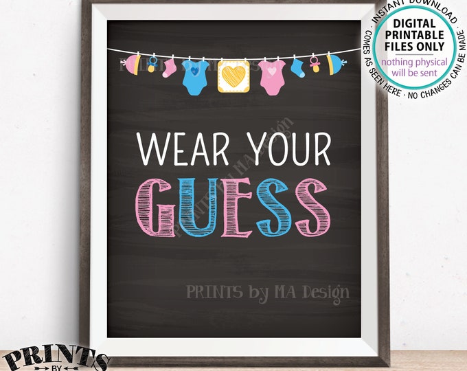 Wear Your Guess Gender Reveal Party Sign, Pink or Blue, Clothes Pin, Necklace, Boy or Girl, PRINTABLE 8x10" Chalkboard Style Sign <ID>