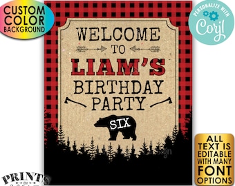 Lumberjack Birthday Party Welcome Sign, Custom Name & Color PRINTABLE 8x10/16x20” Black Checker Bday Sign <Edit Yourself with Corjl>