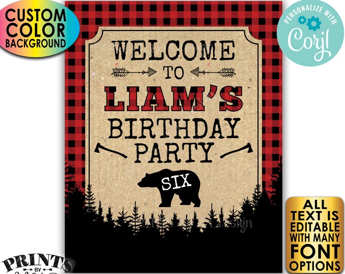 Lumberjack Birthday Party Welcome Sign, Custom Name & Color PRINTABLE 8x10/16x20” Black Checker Bday Sign <Edit Yourself with Corjl>