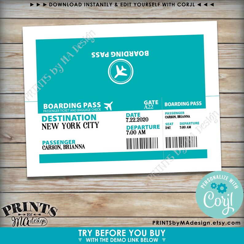 May include: A printable boarding pass template with a turquoise background and white text. The template includes fields for passenger name, destination, date, departure time, gate, and seat number. The text "Boarding Pass" is printed at the top of the template.