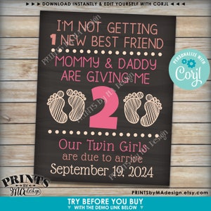 May include: A chalkboard-style sign with the text "I'M NOT GETTING 1 NEW BEST FRIEND MOMMY & DADDY ARE GIVING ME 2" in pink and white. Below are two baby footprints and the words "Our Twin Girls are due to arrive September 19, 2024."