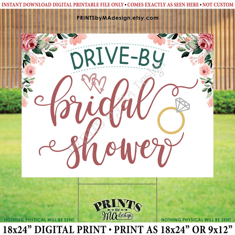 Drive-By Bridal Shower Sign, Wedding Shower Parade, Rose Gold Blush Pink Floral PRINTABLE 18x24 Yard Sign ID image 1