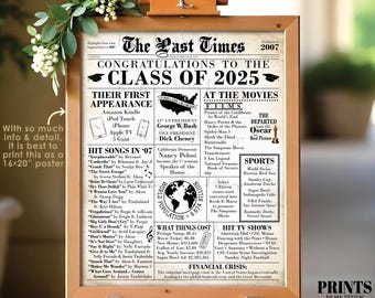 Class of 2025 Fun Facts, Back in the year 2007 Newspaper, Born in 2007 Flashback, PRINTABLE 16x20” Sign, Graduation Party Decoration <ID>