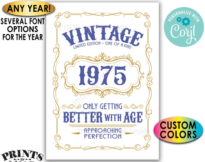 Vintage Birthday Sign, Better with Age Liquor Themed Party, Custom Year & Colors, One PRINTABLE 5x7” Sign <Edit Yourself with Corjl>