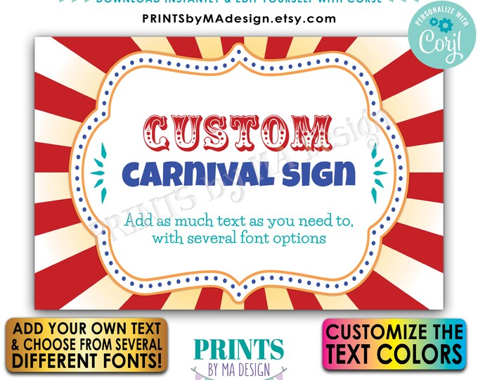 Custom Carnival Sign, Carnival Theme Party Sign, Circus Birthday Party, One PRINTABLE 24x36” Landscape Sign <Edit Yourself w/Corjl>