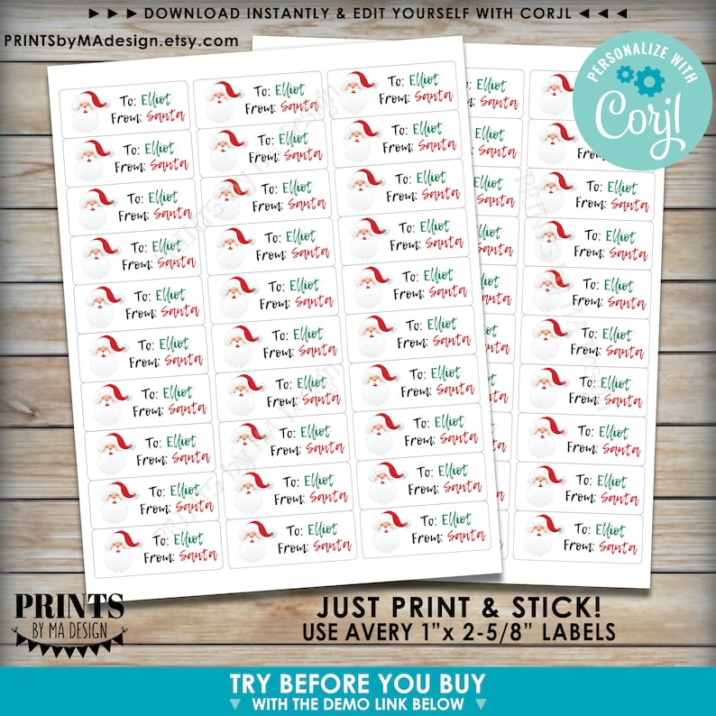 Personlaized X-mas Present Tags Up to 5 Custom PRINTABLE 1x2-58 Santa Labels Editable Christmas Gift Labels
