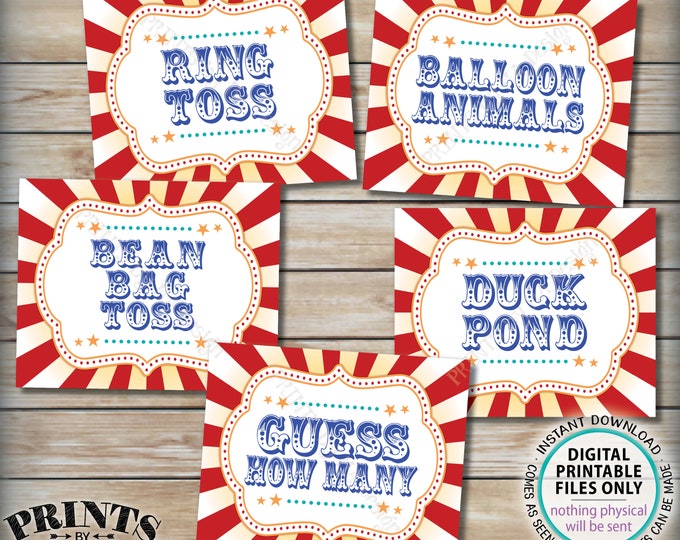 Carnival Games Signs, Carnival Activities, Circus Party, Ring Toss Duck Pond Bean Bag Balloons, PRINTABLE 8x10/16x20” Carnival Signs <ID>