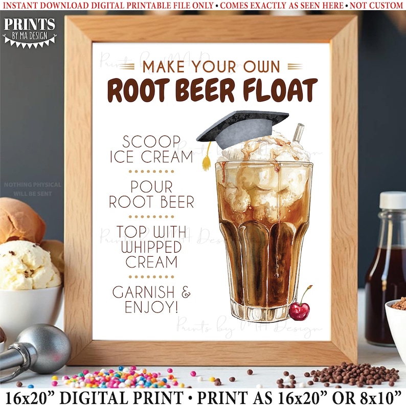Puede incluir: Impresi&oacute;n digital enmarcada con instrucciones para hacer un flotador de cerveza de ra&iacute;z. El texto dice "Haz tu propio flotador de cerveza de ra&iacute;z" con los pasos: helado, verter cerveza de ra&iacute;z, cubrir con crema batida y decorar. Ilustraci&oacute;n.