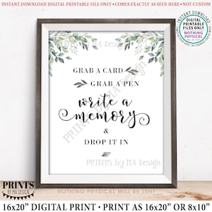 Write a Memory, Grab a Card Grab a Pen Drop it In, Memories, Bon Voyage, Watercolor Leaves Greenery, PRINTABLE 8x10/16x20” Sign <ID>