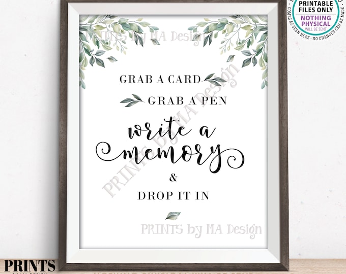 Write a Memory, Grab a Card Grab a Pen Drop it In, Memories, Bon Voyage, Watercolor Leaves Greenery, PRINTABLE 8x10/16x20” Sign <ID>