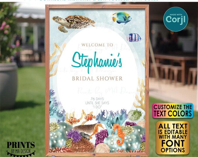 Editable Sealife Bridal Shower Sign, Welcome to the Beach Themed Wedding Shower, Custom PRINTABLE 24x36” Sign <Edit Yourself w/Corjl>