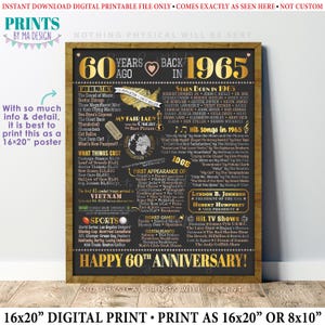 60th Anniversary Poster Board, Back in 1965 Flashback 60 Years, Married in 1965 Anniversary Gift, PRINTABLE 16x20” 1965 Sign &lt;ID&gt;