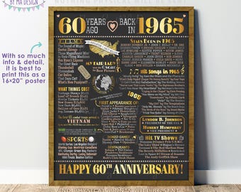 60th Anniversary Poster Board, Back in 1965 Flashback 60 Years, Married in 1965 Anniversary Gift, PRINTABLE 16x20” 1965 Sign <ID>
