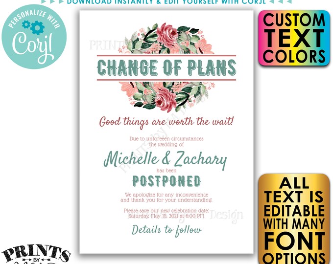 SALE! Editable Wedding Postponed Announcement, Custom Change the Date Card, Digital Printable File, Wedding Update <Edit Yourself w/Corjl>