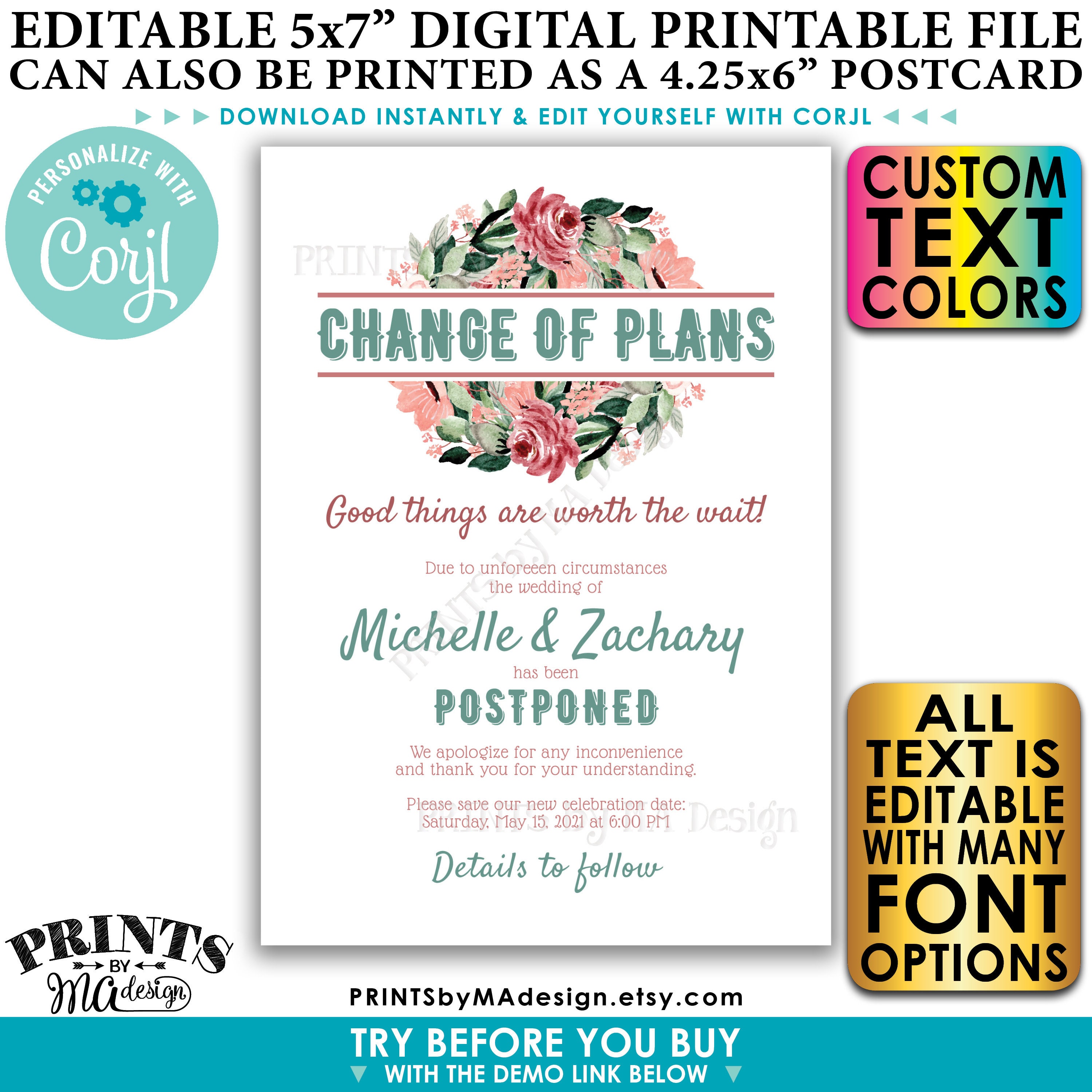 SALE! Editable Wedding Postponed Announcement, Custom Change the Date ...
