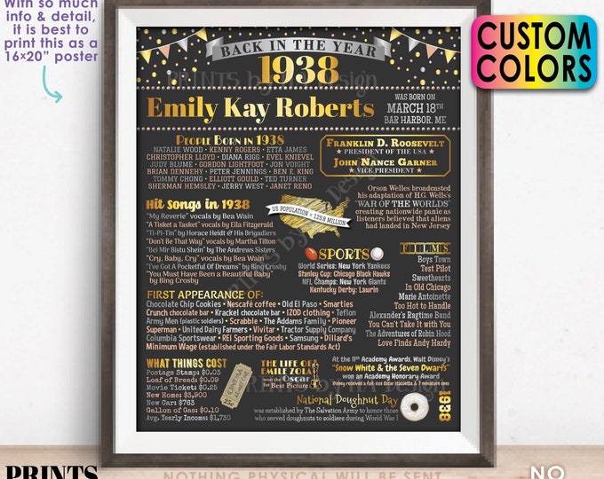 Back in the Year 1938 Birthday Sign, Flashback to 1938 Poster Board, 1938 Birthday Gift, Custom PRINTABLE 16x20” B-day Decoration
