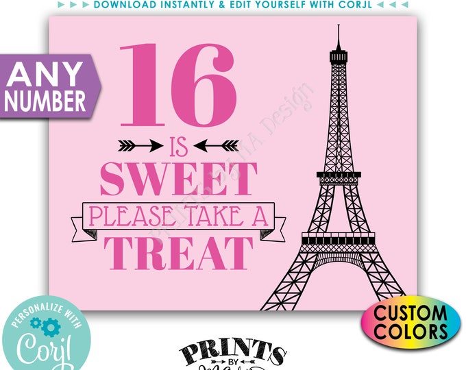 Paris Sweet Treat Sign, Please Take a Treat, Any Number, Custom Colors, PRINTABLE 8x10/16x20" Eiffel Tower Sign <Edit Yourself with Corjl>