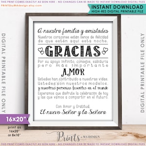 Bruiloft bedankbord SPAANS, El casarse le agradece ESPAÑOL, Gracias Cartel, Gracias Amigos, afdrukbaar bord van 8 x 10/16 x 20 inch <ID>