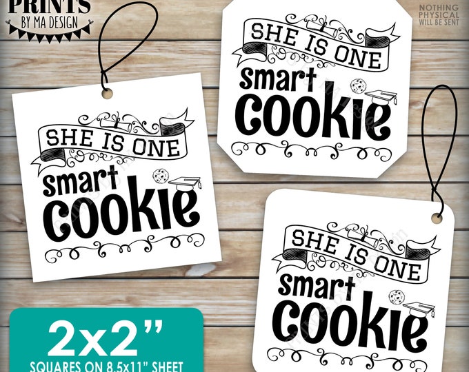 She is One Smart Cookie Cards or Tags, Girl Graduation Party Favors, 2x2" squares on PRINTABLE 8.5x11" Sheet, Digital Printable File <ID>