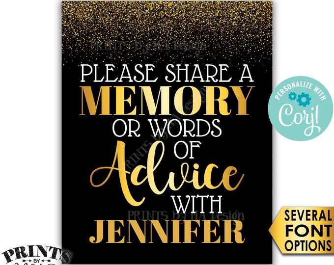 Memory or Advice Sign, Please Share a Memory or Words of Advice Sign, PRINTABLE 8x10/16x20” Gold Glitter Sign <Edit Yourself with Corjl>