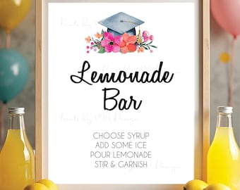 Graduation Party Lemonade Bar Drink Station, Fruit Syrups, Pink and Orange Flowers Grad Party Decor, Digital PRINTABLE 8x10/16x20” Sign <ID>
