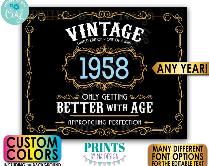 Vintage Better with Age Liquor Themed Birthday Party, Custom Year & Colors, PRINTABLE 8x10/16x20” Landscape Sign <Edit Yourself w/Corjl>