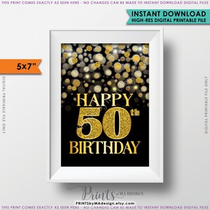 50e verjaardagskaart Zwart & Goud Glitter 50e B-dag Gouden Bokeh, Draaien Vijftig Verjaardagskaart, AFDRUKBAAR 5x7" Digitaal Bestand <ID>