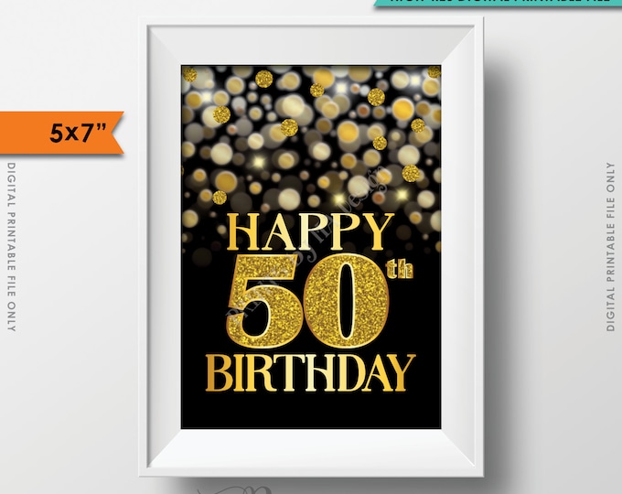 50th Birthday Card Black & Gold Glitter 50th B-day Golden Bokeh, Turning Fifty Birthday Card, PRINTABLE 5x7" Digital File <ID>