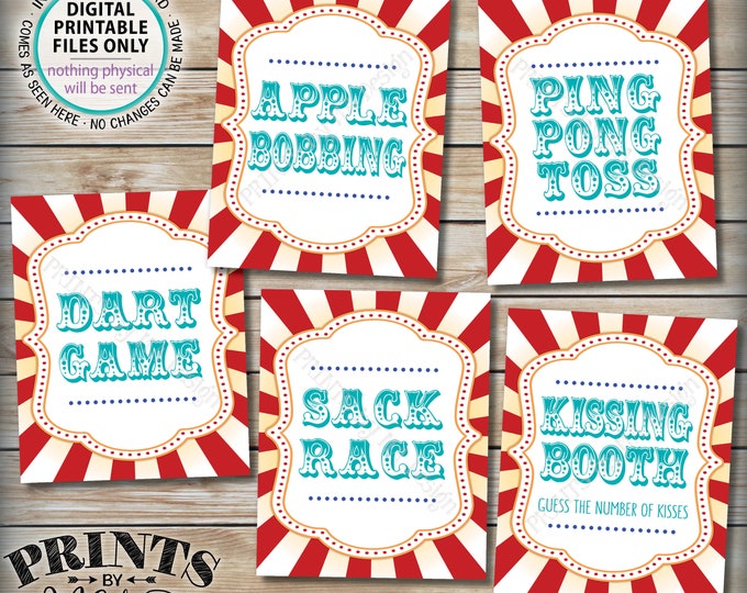 Carnival Games Signs, Carnival Theme Party, Kissing Apple Bobbing Sack Race Darts, Teal, PRINTABLE 8x10/16x20” Circus Theme Party Signs <ID>