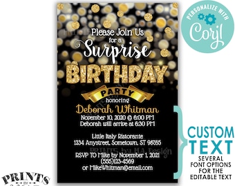 Surprise Birthday Party Invitation, Black & Gold Glitter Invite, PRINTABLE 4x6" Golden B-day Invite <Edit Yourself with Corjl>