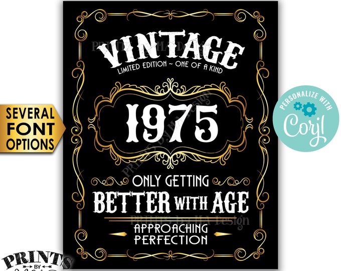 Vintage Birthday Sign, Better with Age Liquor Themed Party, Custom Year, PRINTABLE 8x10/16x20” Black & Gold Sign <Edit Yourself with Corjl>