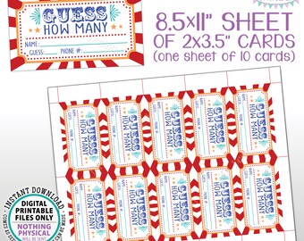 Guess How Many Carnival Guessing Game, Circus Theme Cards, Birthday Party, Festival, Blue Text, PRINTABLE 8.5x11” Sheet of 10 Cards <ID>