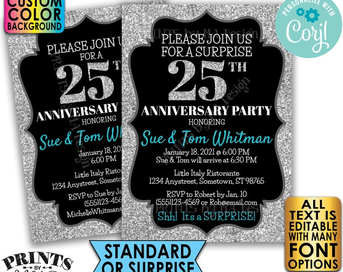 Silver Glitter Anniversary Party Invitation, Surprise or Standard Invite, Custom PRINTABLE 5x7" Digital File <Edit Yourself with Corjl>