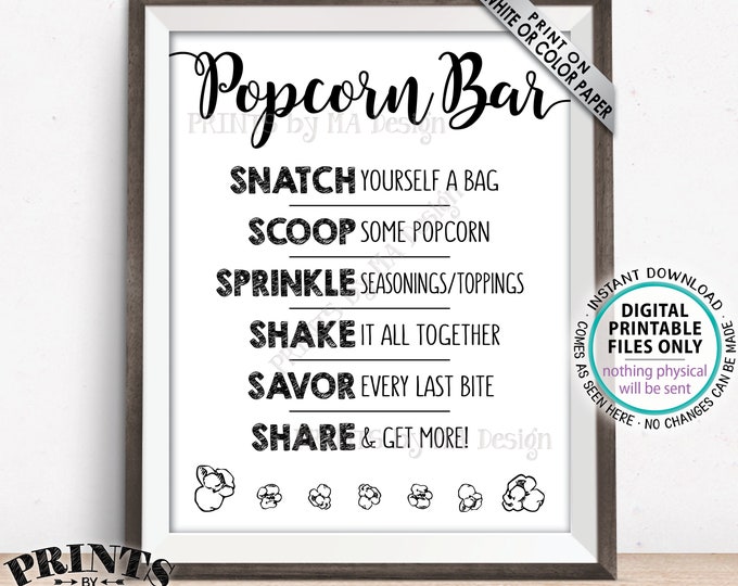 Popcorn Bar Sign, Popcorn Toppings Popcorn Directions, Graduation, Wedding, Birthday, Retirement, Black Text PRINTABLE 8x10/16x20” Sign <ID>