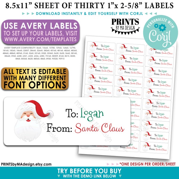 Editable Christmas Gift Labels, Personlaized X-mas Present Tags, One Custom PRINTABLE 1x2-5/8" Santa Label <Edit Yourself with Corjl>